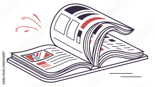 Open Newspaper with Headlines and Articles in Black and Red Ink.