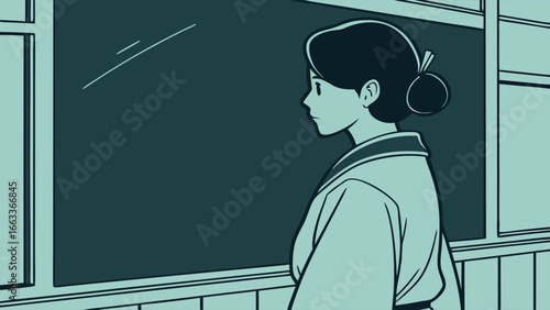 Pensive Schoolgirl in Uniform Gazing at Blackboard in Classroom.