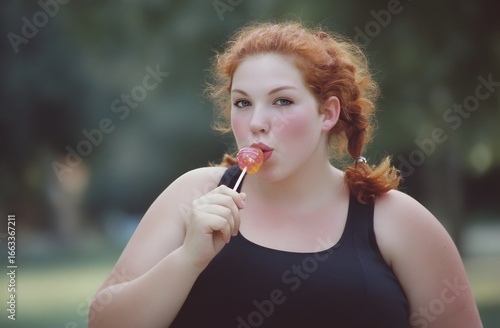 A young woman with red hair in two braids is holding a lollipop near her lips. She is wearing a black sleeveless top, and the background is a blurred natural setting