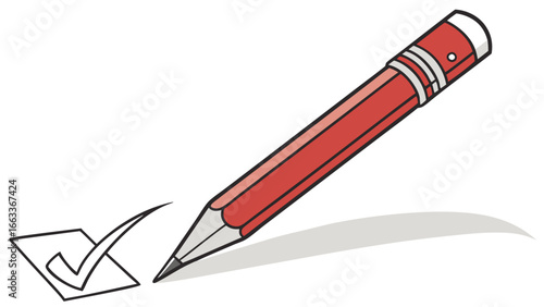 Red Pencil Marking a Check Box on White Background.