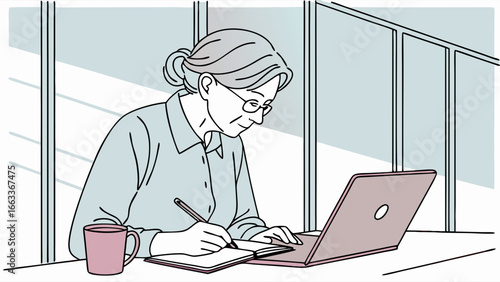 Senior Person Working on Laptop at Desk.