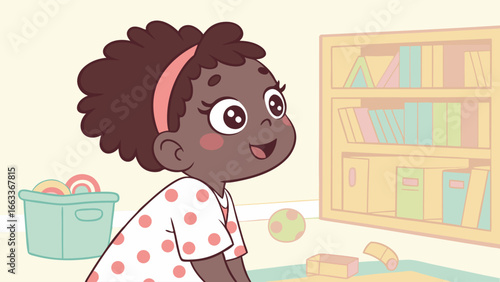 Smiling Girl with Bookshelf in Playroom.