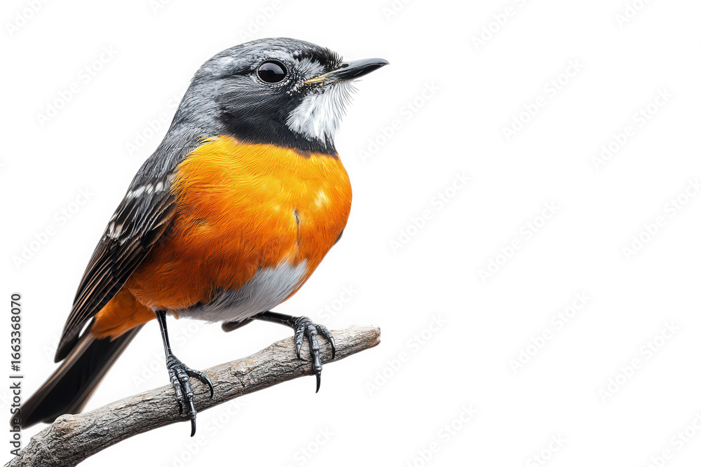 Obraz premium Small bird with orange chest perched on a branch isolated on transparent background