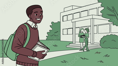 Smiling Student with Backpack and Books on Campus.