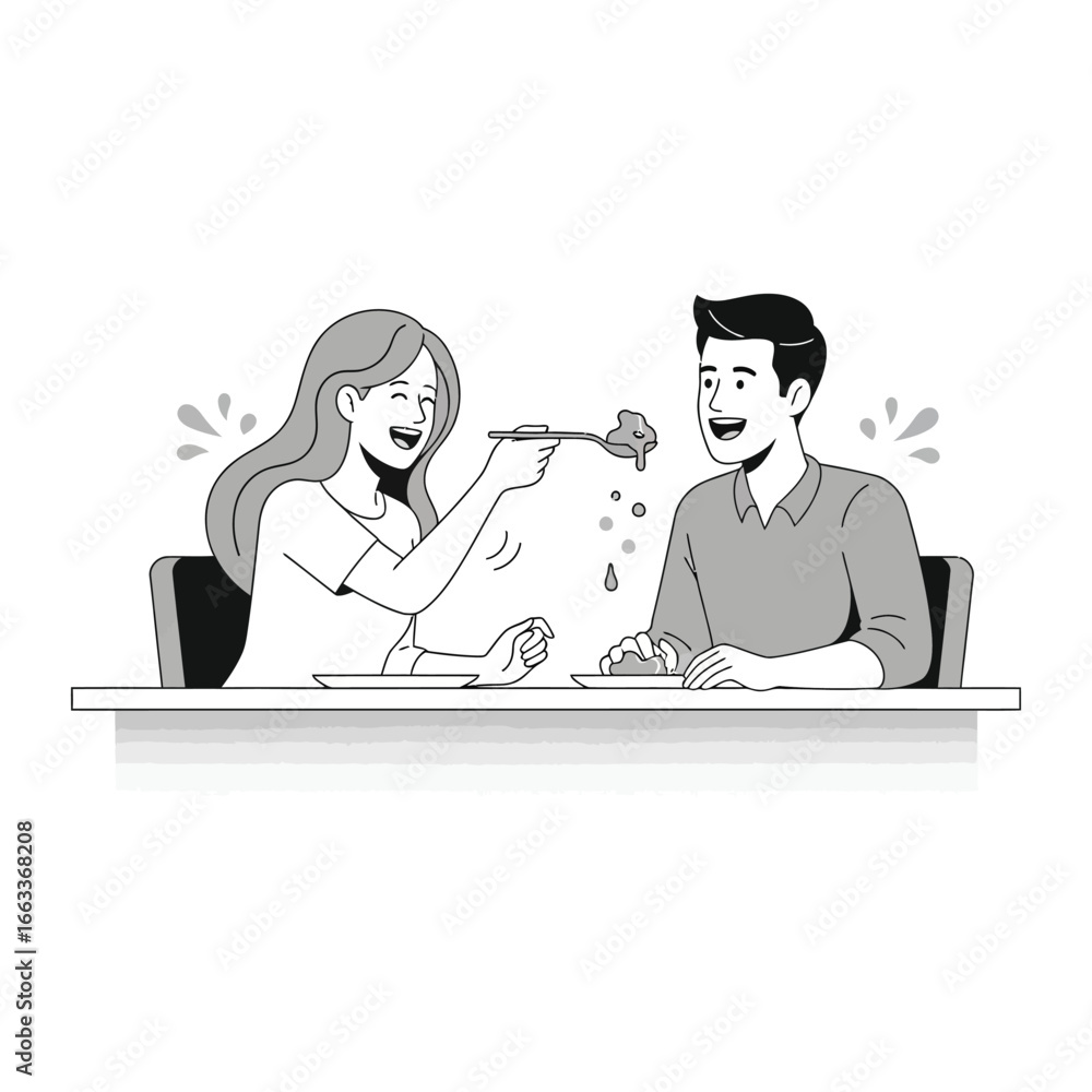 Fototapeta premium Sharing a Meal of Happiness: A lighthearted illustration portrays a couple enjoying a meal, a symbol of shared joy and connection. 
