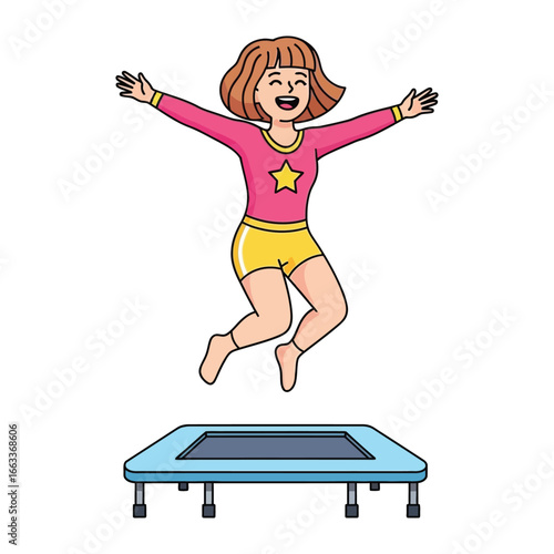 Joyful Bounce: A young girl leaps with unbounded happiness on a trampoline, embracing the exhilaration of play and the pure joy of the moment.
