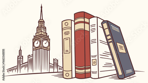 Stack of Books and the Houses of Parliament.