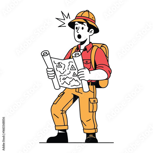 Lost Explorer's Dilemma: A startled explorer, map in hand, realizes he has lost his way and stands in a moment of surprised introspection, the adventure takes an unexpected turn.