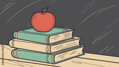 Stack of Books with Red Apple on Top Education Concept.
