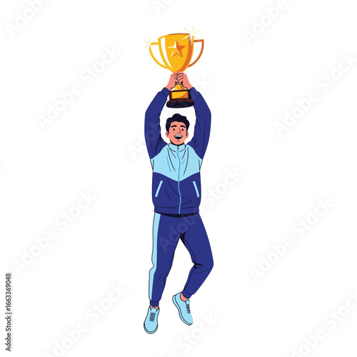 Trophy Triumph: A vibrant illustration captures a moment of pure victory as an individual, adorned in athletic attire, triumphantly hoists a golden trophy, symbolizing achievement and success.