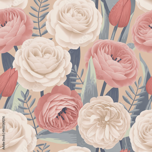 Elegant Blush Pink and Cream Floral Seamless Pattern: Romantic Botanical Illustration for Wedding Stationery, Fashion, and Home Decor.
