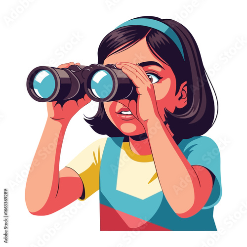 Girl with Binoculars: A captivating illustration showcasing a young girl's sense of wonder as she peers through binoculars, a delightful portrayal of exploration and discovery.