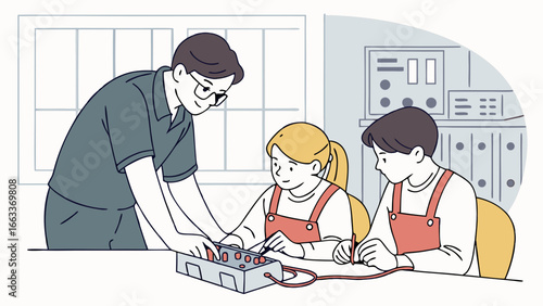 Teacher guiding students in electronics class learning circuit building.