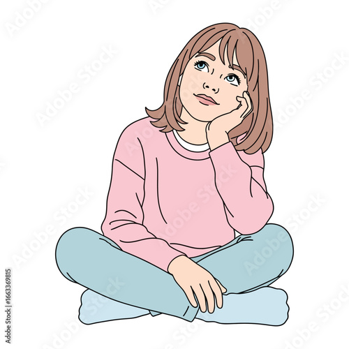 Dreamy contemplation: A young woman sits in a cross-legged pose, gazing upwards with a contemplative expression, her hand gently resting on her cheek.