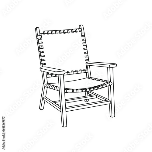 Classic comforting lounge chair with woven seat and back in simple line art style white background
