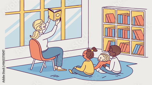 Teacher Reading Storybook to Children in Classroom.