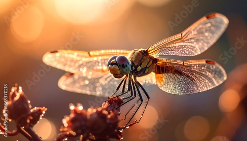 Close-up of a dragonfly in golden sunlight