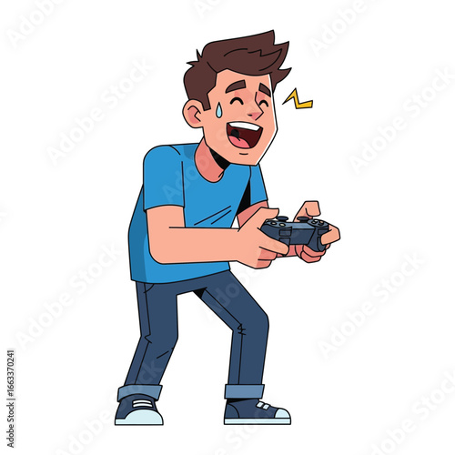 Game On: An animated illustration of a young man immersed in the virtual world, gripping a controller with focused intensity and joy. Capturing the energy, thrill, and excitement of gaming