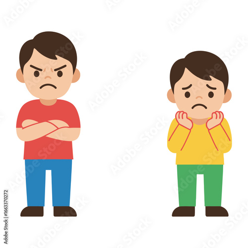 Discord and Distress: A vibrant illustration portraying two young boys, one expressing anger with crossed arms, while the other exhibits sadness