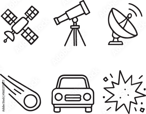 Space and Transportation Icons Set Keywords: space, astronomy, transportation, satellite