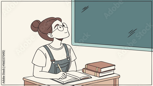 Thoughtful female student in overalls writing in notebook looking up at blackboard.
