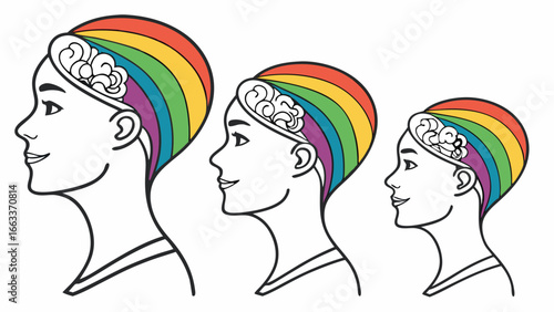 Three Profile Views of a Head with a RainbowColored Brain.