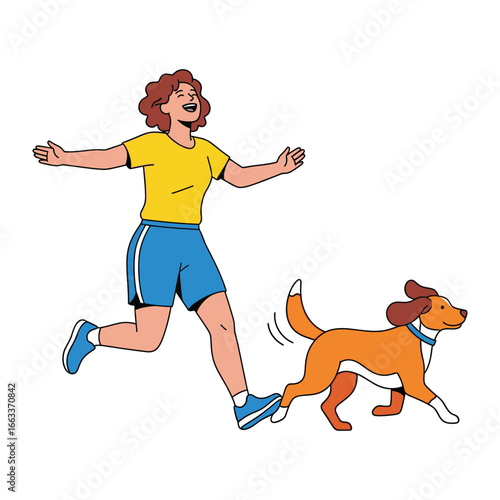 Playful Run with a Canine Companion: Experience the joy of carefree moments with an illustration capturing a person and their four-legged friend in motion. An outline style adds a modern touch.