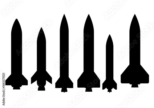 A Collection of Silhouetted Missiles of Varying Sizes and Designs Showcasing Aerodynamic Shapes and Propulsion Systems for Space Exploration and Defense Applications