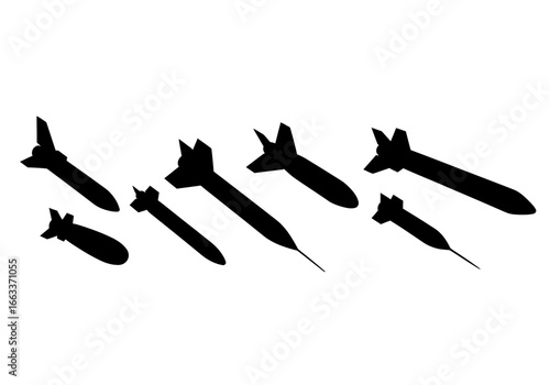 Diverse Collection of Aerial Bomb Silhouettes Symbolizing Military Power and Aviation Technology in Warfare Scenarios