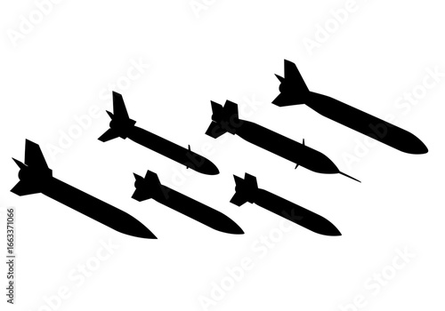 Collection of Silhouetted Aerial Bombs Arranged in a Formation Against a White Background Demonstrating Military Ordinance and Air Power Capabilities