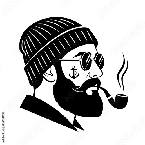 Illustration of a bearded man wearing a beanie and sunglasses smoking a pipe isolated on white background