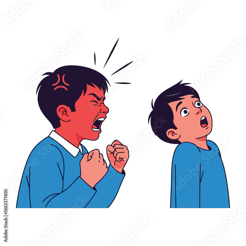 Anger & Fear: In a moment of raw emotion, an angry boy yells, his face flushed with rage, while another child reacts with wide-eyed fear, capturing the tension and drama. 