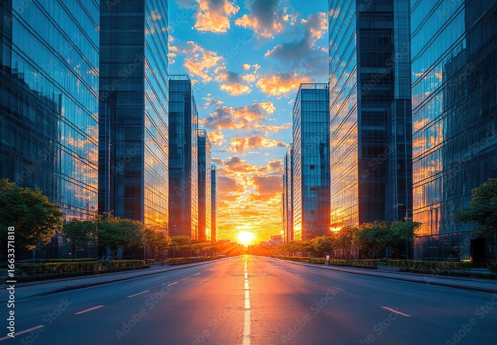 Fototapeta premium City street lined with tall glass buildings at sunset, leading to a bright sun. Road reflects the golden light