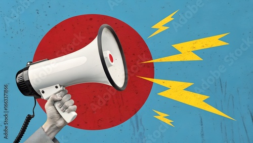 Hand holding megaphone with lightning bolts over bold red and blue background – Announcement, communication, media buzz, public speaking, marketing message, amplification, attention