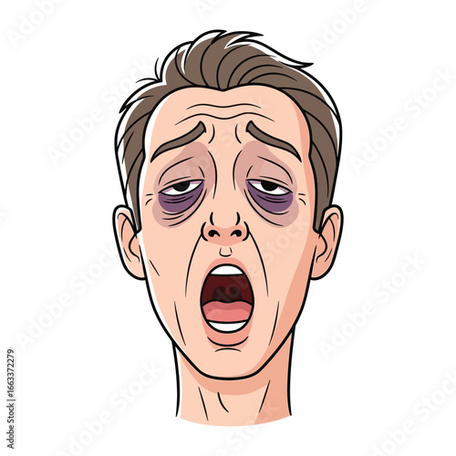 Weariness Personified: The illustrated depiction of a man with dark circles around his eyes, a wide open mouth, and a look of utter exhaustion, epitomizing the burdens of fatigue.