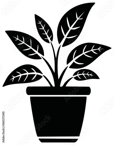 Stylized Black Potted Plant with Oval Leaves and Vein Details