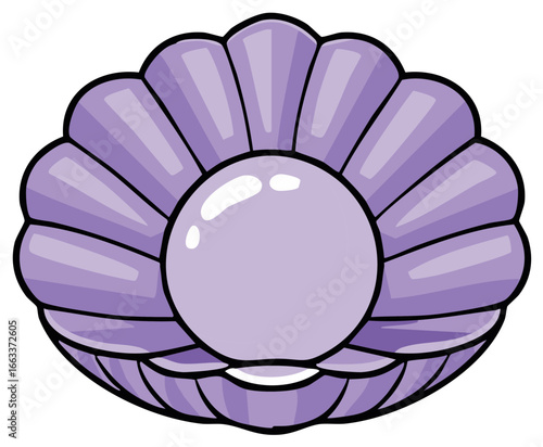 Cartoon illustration of a purple seashell with a luminous pearl inside