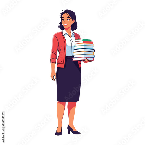 Teacher with a Tower of Knowledge: An educator, filled with determination and grace, stands proudly, clutching a stack of books that represent the limitless realm of information and enlightenment.