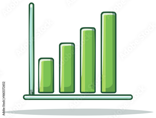 Green cartoon bar graph showing growth or statistics with four vertical bars