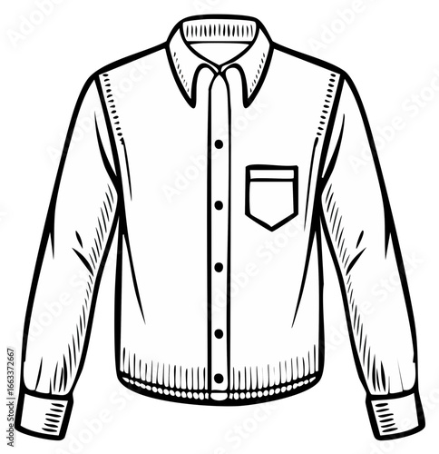 Outline of a long-sleeved shirt with buttons and a chest pocket, for fashion design, clothing creation, and pattern making.