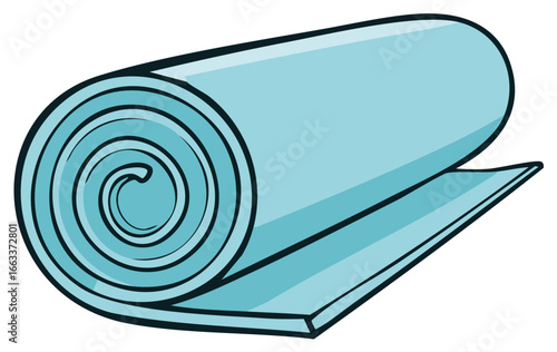 Rolled-up yoga mat in light blue, cartoon style illustration, isolated on white