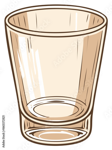 Simple illustration of an empty shot glass with a thick base and brown outlines