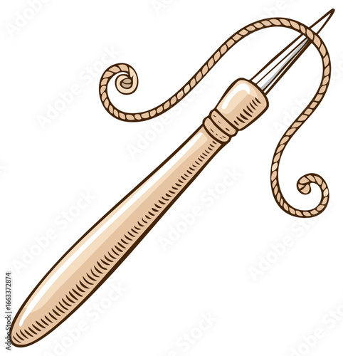 Cartoon Illustration of a Sailmaking Needle with Twisted Thread for Canvas Stitching