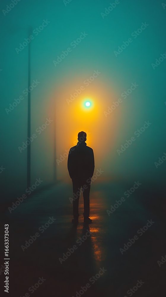 Obraz premium Silhouette of a Man Under Streetlight in Thick Fog with Wet Pavement Reflection