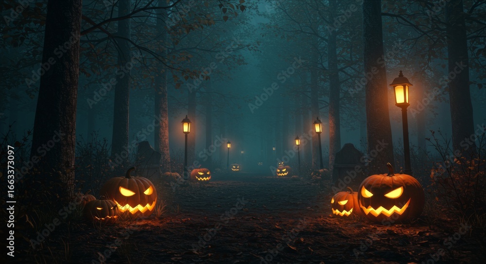 custom made wallpaper toronto digitalSpooky forest with fog, glowing pumpkins and lanterns lighting the path, Halloween horror vibe