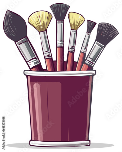 Makeup brushes in a cup illustration. Beauty accessories for cosmetic application.