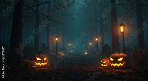 Wallpaper Mural Spooky forest with fog, glowing pumpkins and lanterns lighting the path, Halloween horror vibe Torontodigital.ca