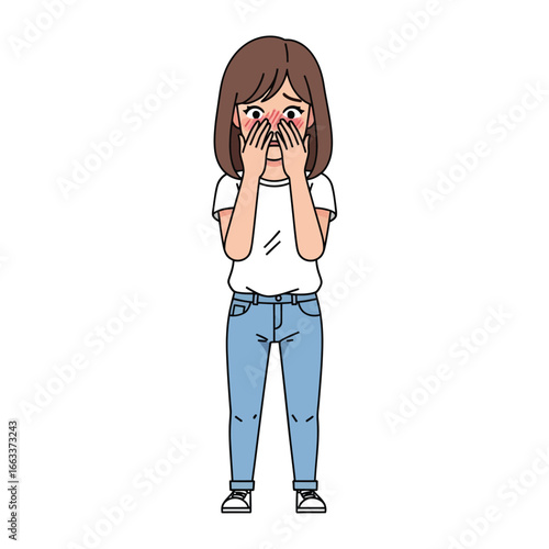 Embarrassed Expression: An illustration capturing a moment of acute embarrassment. A young woman with a shy disposition, shielding her face in a pose that suggests a rush of shame.