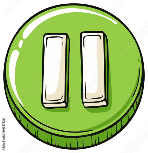 Hand drawn green pause button icon with a glossy comic style illustration