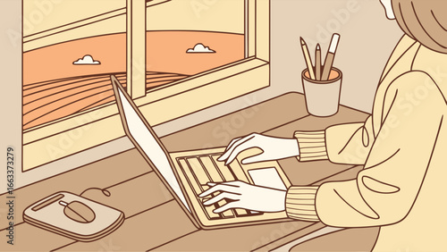Womans Hands Typing on Laptop Near Window with Rural View.